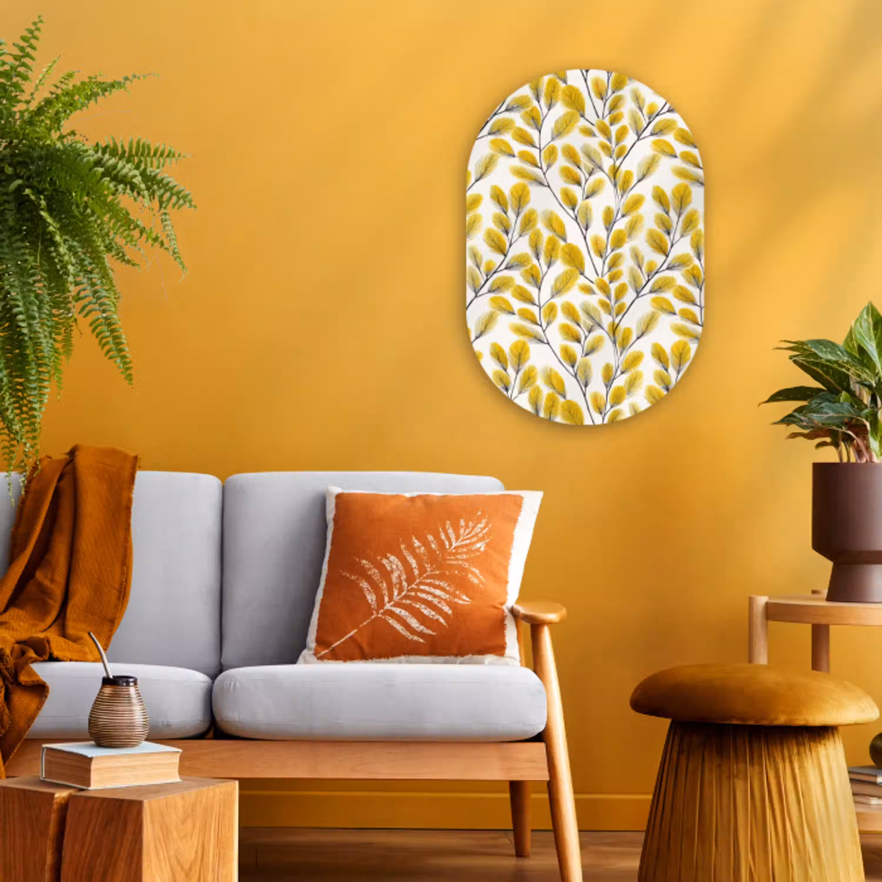 Bladeren - Botanisch - Elegant - Geel - Zwart Wandcirkel Ovaal Forex klein 630 -sfeer4