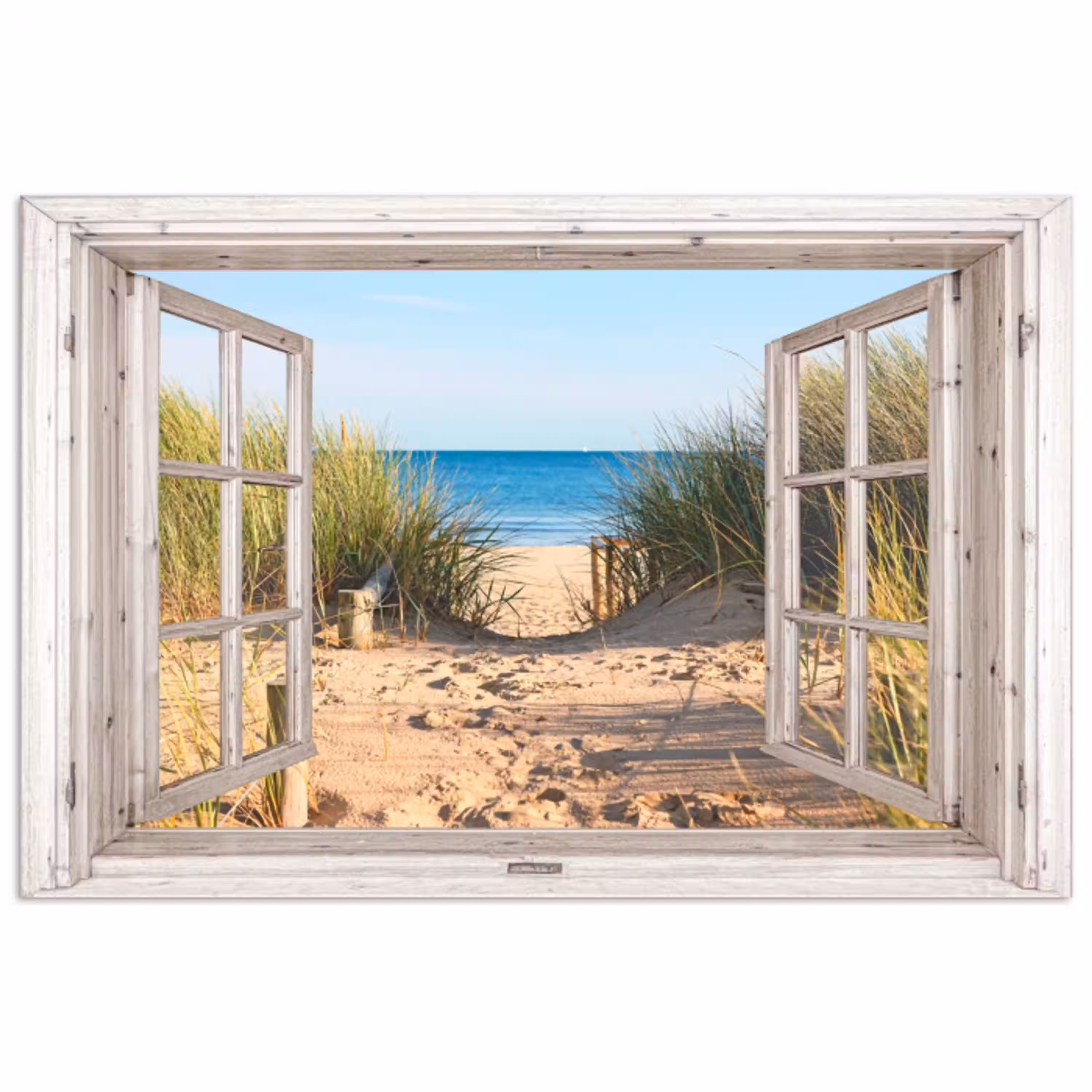 Doorkijk - Strand - Zee - Duinen - Zand - Water - Helmgras poster papier klein -3d