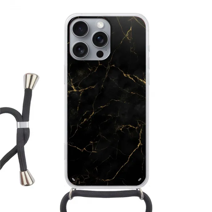 Zwart marmer - Gouden aders - Klassiek Hoesje iPhone 16 Pro Max met koord klein -3d