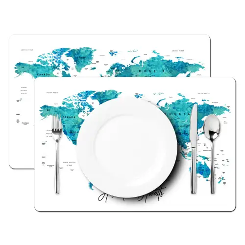 Wereldkaart - Blauw - Kleurrijk Placemat vinyl groot -zzsfeer2_Kitchenyeah-website