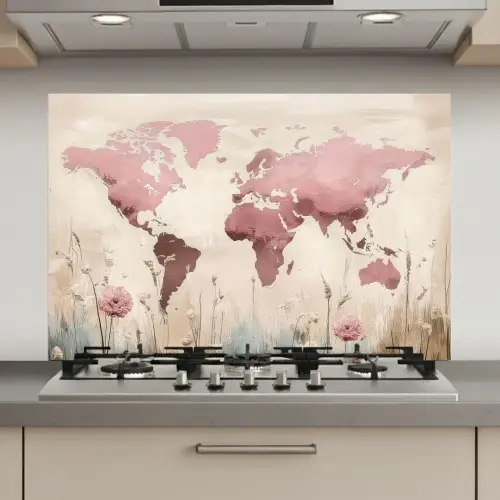 Wereldkaart - Roze - Bloemen keuken achterwand spatscherm klein -3d_website