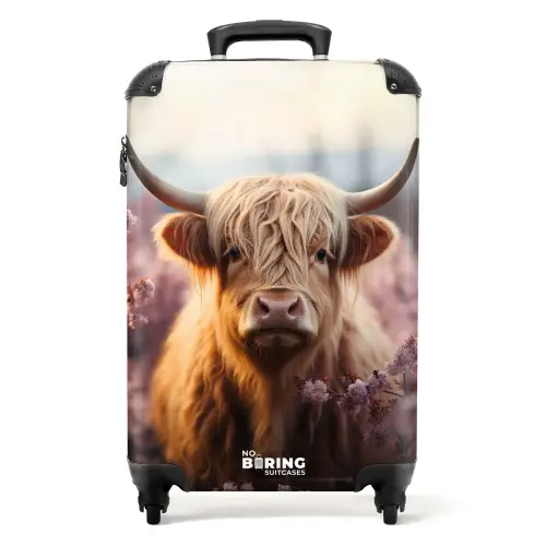 Schotse hooglander met roze bloemen NBS - Handbagage koffer - Kinderen Unisex middel -productfoto_recht