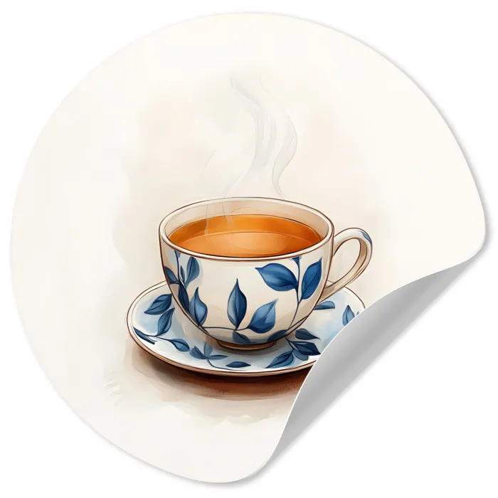Theekop - Bladeren - Blauw Wandcirkel behangsticker klein -3d