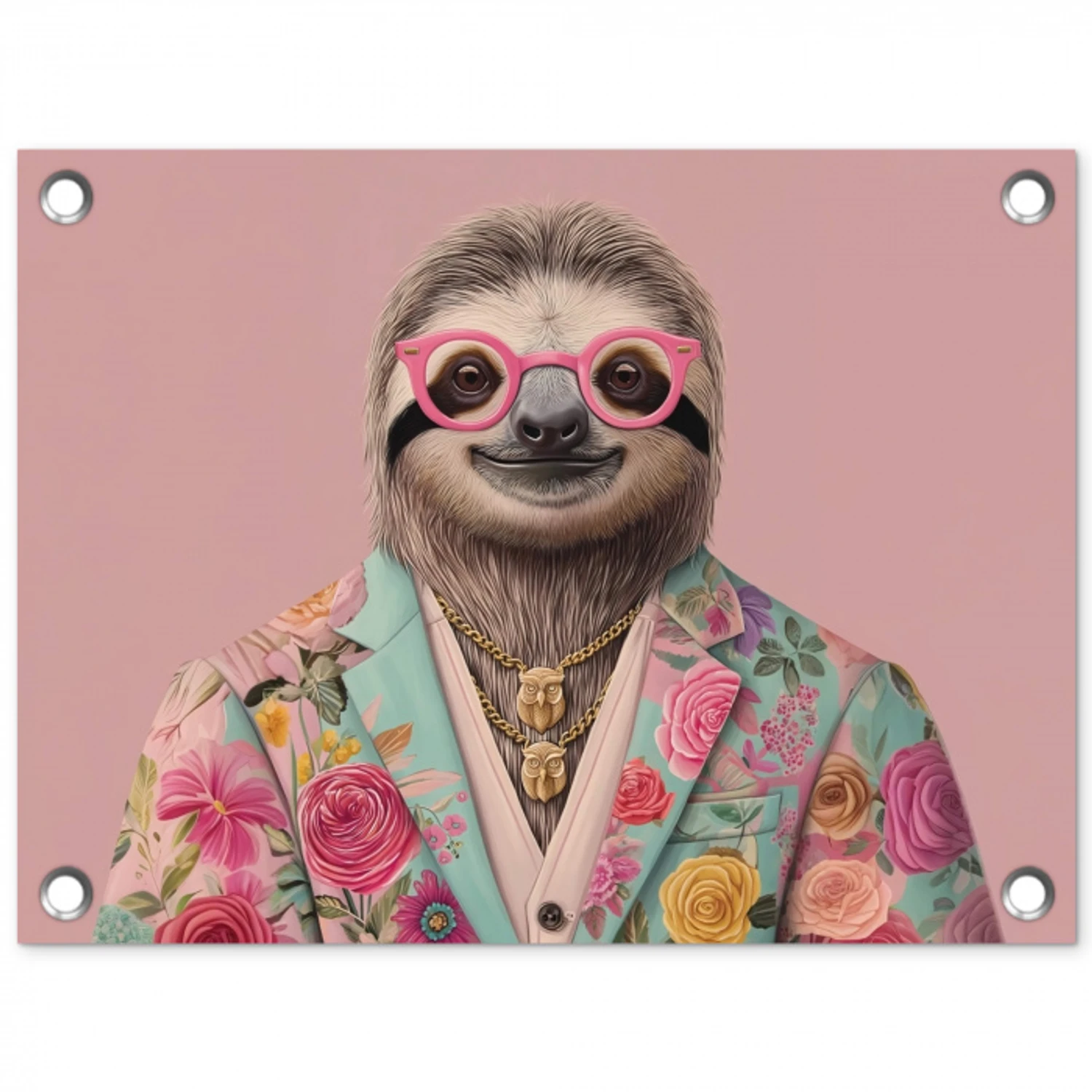 Luiaard - Bloemenprint - Bril - Roze tuinposter los doek klein -3d