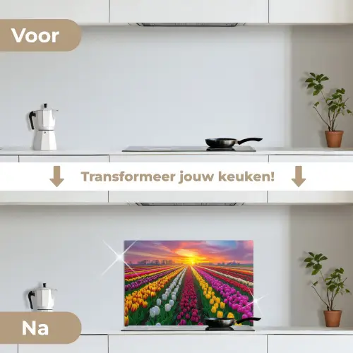 Tulpenveld - Zonsondergang - Kleurrijk keuken achterwand spatscherm klein -voor_na_NL