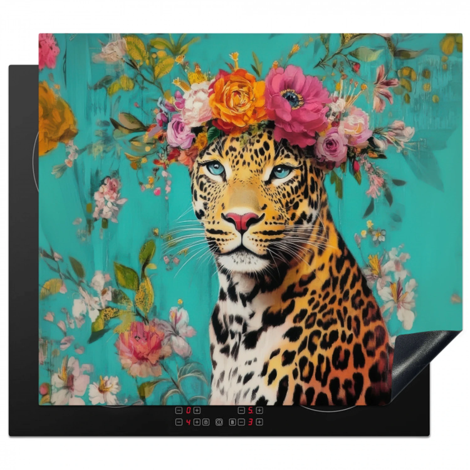 Luipaard - Bloemen - Kroon Inductie beschermer vinyl 3mm middel -3d