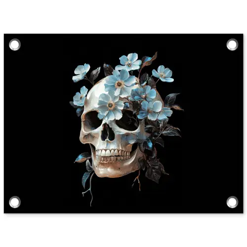 Schedel - Blauw - Bloemen - Bladeren tuinposter los doek klein -3d