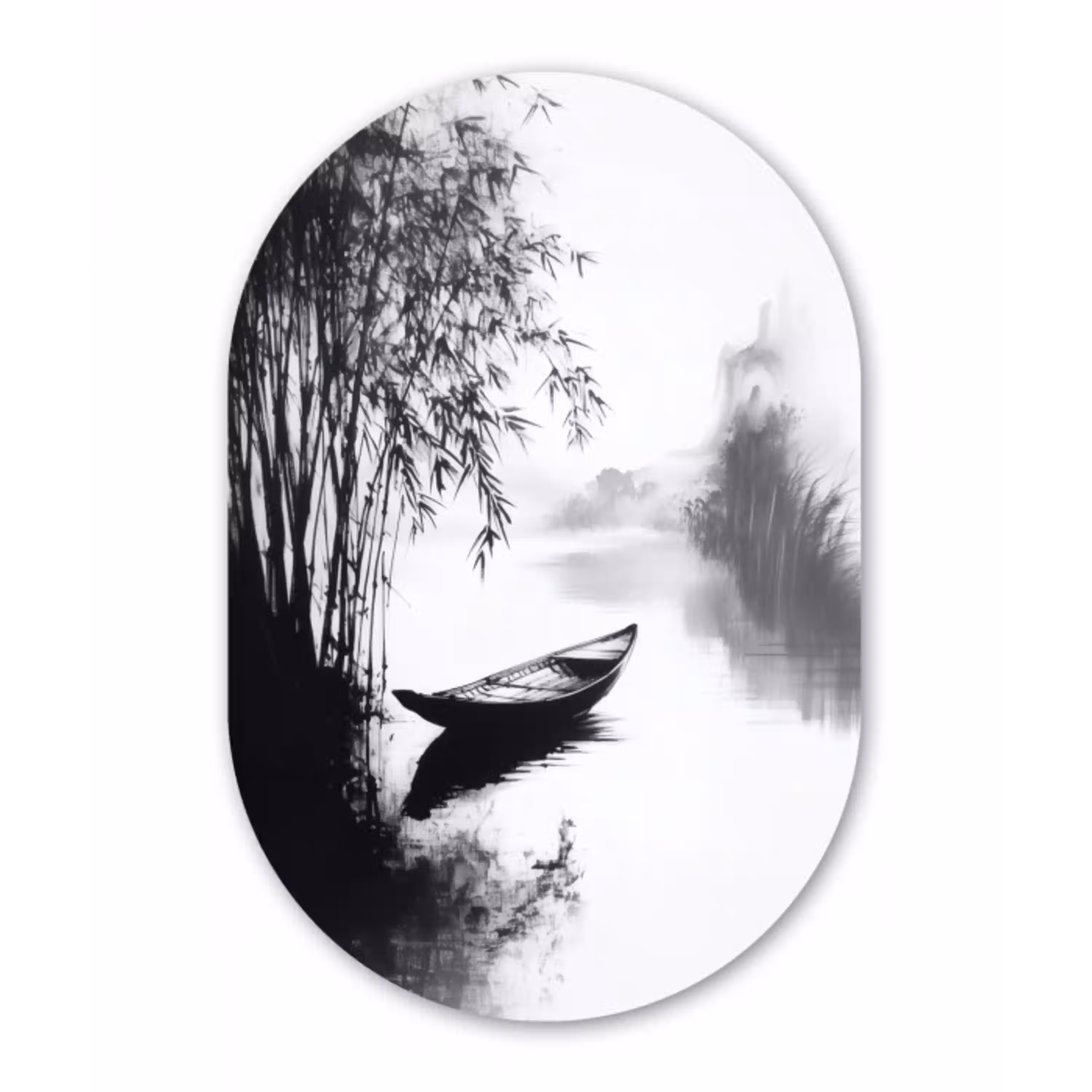 Boot - Rivier - Bamboe - Wit Wandcirkel Ovaal Glas middel -3d