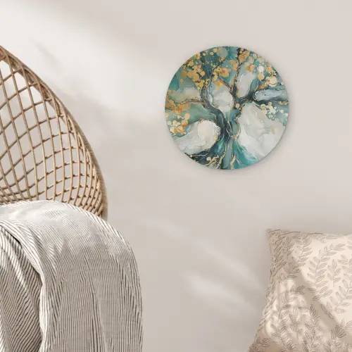 Boom - Modern - Verflook - Turquoise - Goud Akoestische PET Vilt - Rond klein -sfeer4