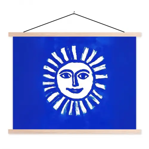 Zon - Gezicht - Penseelstructuur - Blauw textielposter latten blank klein -3d