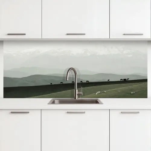 Grijs - Berg - Paarden keuken achterwand 2 middel -3d