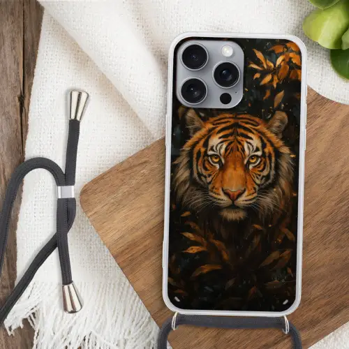 Bladeren - Tijger - Oranje Hoesje iPhone 16 Pro Max met koord klein -sfeer4