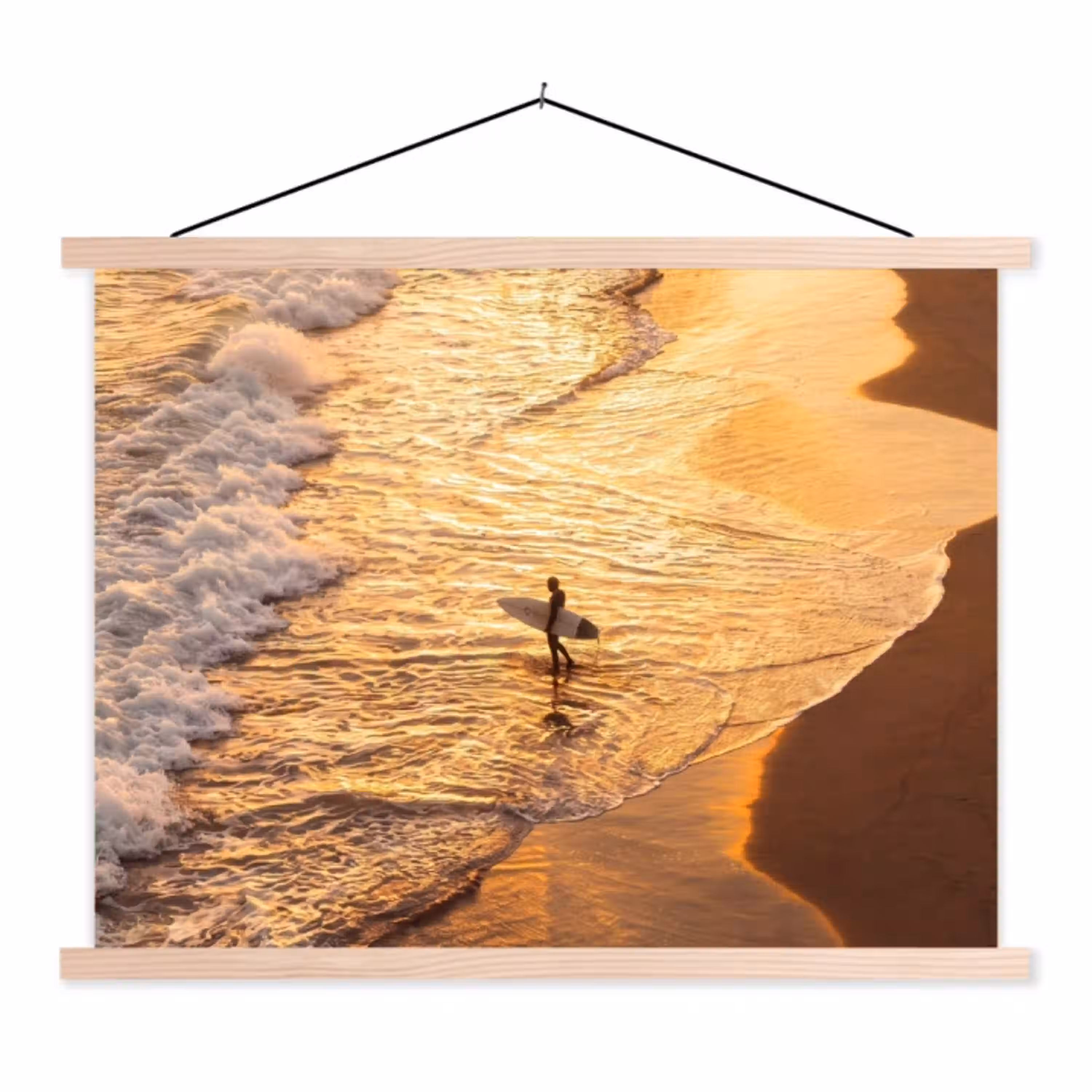 Surfer - Strand - Zonsondergang - Oceaan - Goud textielposter latten blank klein -3d