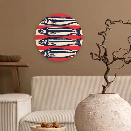 Sardines - Rood en beige strepen Wandcirkel kunststof plaat 5mm dik klein -sfeer1
