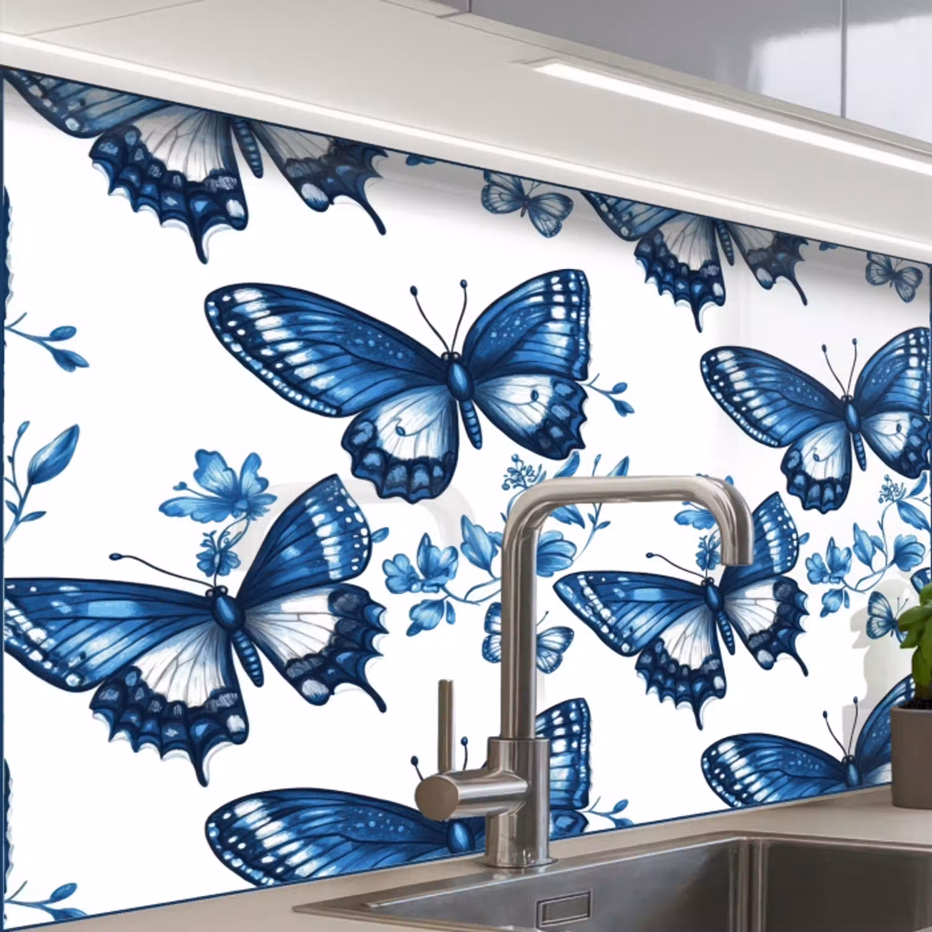 Blauw - Vlinders - Bloemen - Wit keuken achterwand 2 middel 865 -zzzz3d_schuin