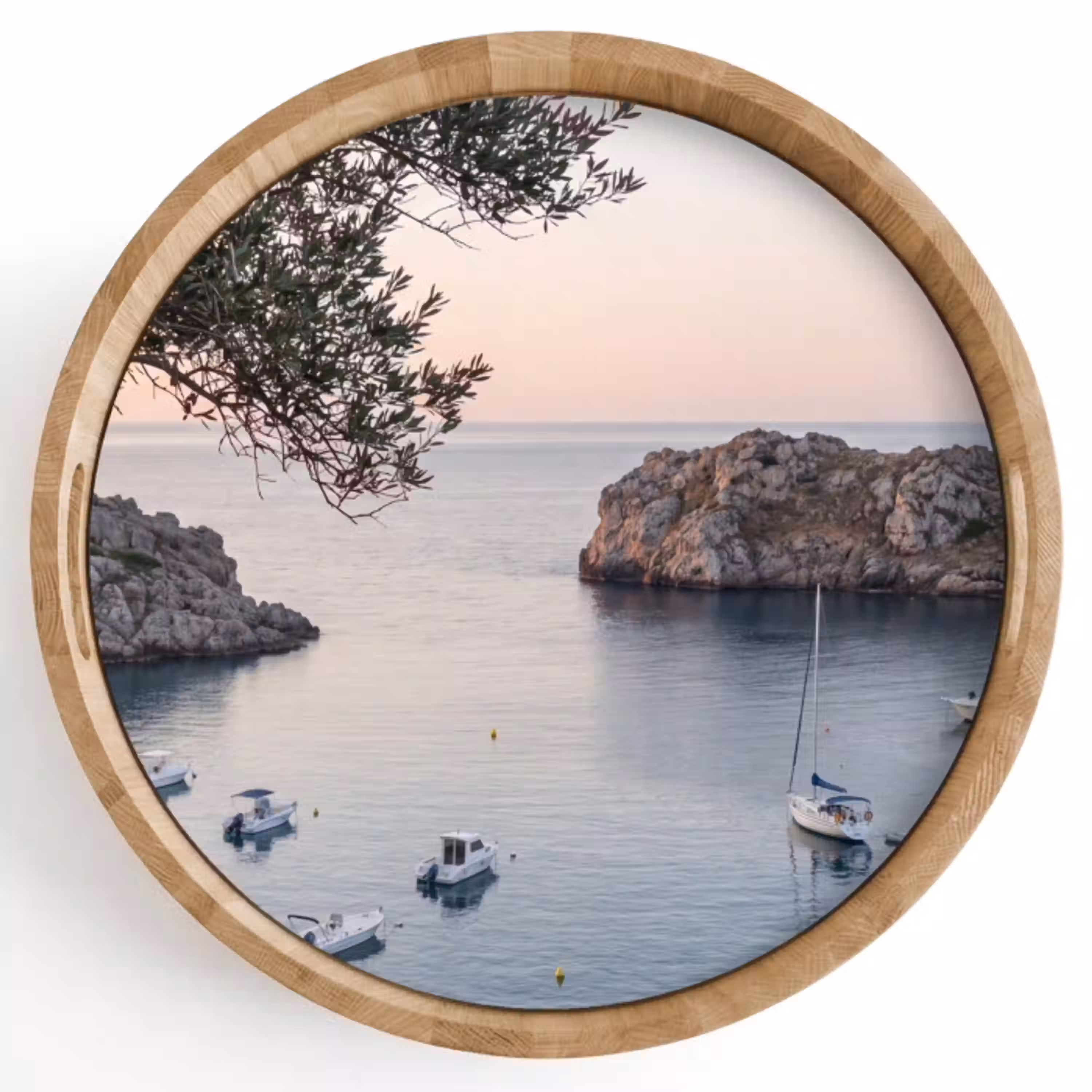 Baai - boten - zonsondergang Dienblad Rond middel -z3d_shopping