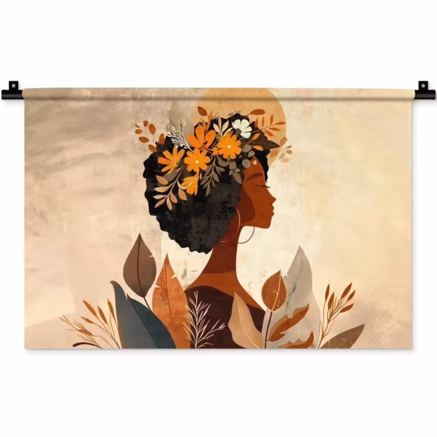 Wandkleed - Vrouw - Krullen - Bloemen - Beige