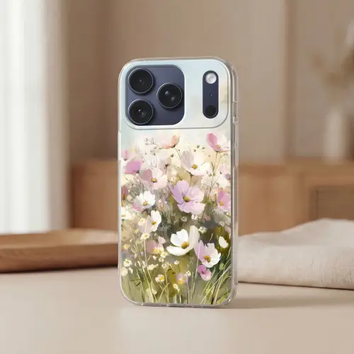 Bloemenveld - Lichte tinten - Geschilderd Telefoonhoesje iPhone 17 Pro klein -sfeer2
