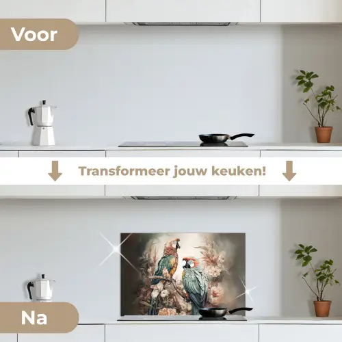Papegaaien - Vogels - Natuur - Bloemen keuken achterwand spatscherm klein -voor_na_NL