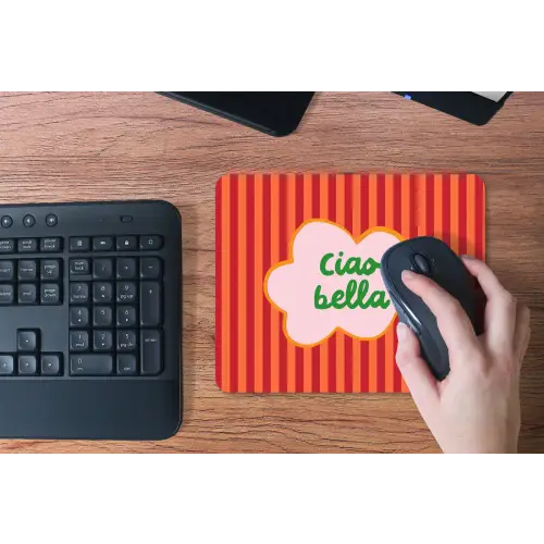 Ciao bella - Tekstwolk - Strepen - Oranje muismat rubber klein -toetsenbord
