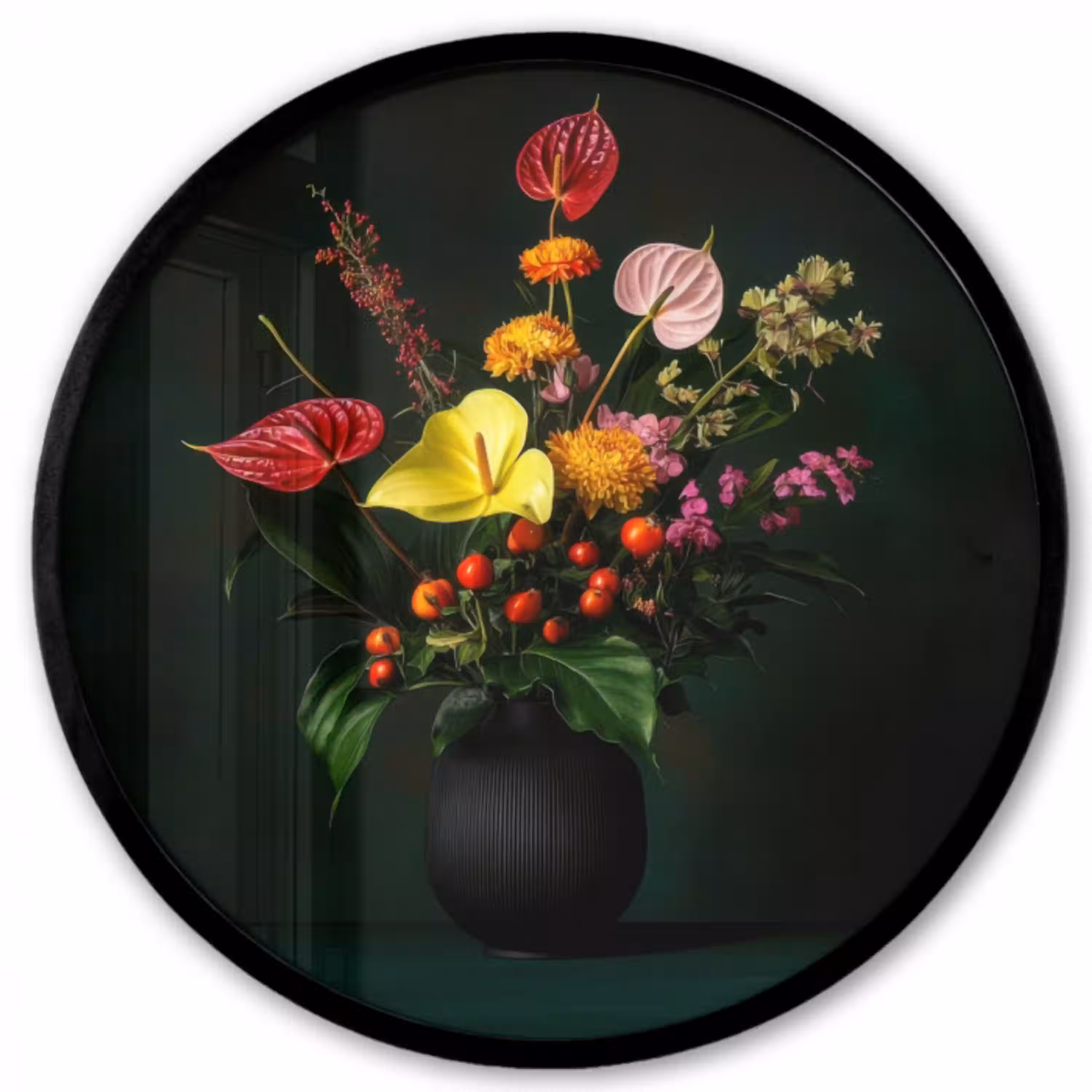 Bloemen - Vaas - Zwart Fotolijst rond zonder passe partout klein -3d
