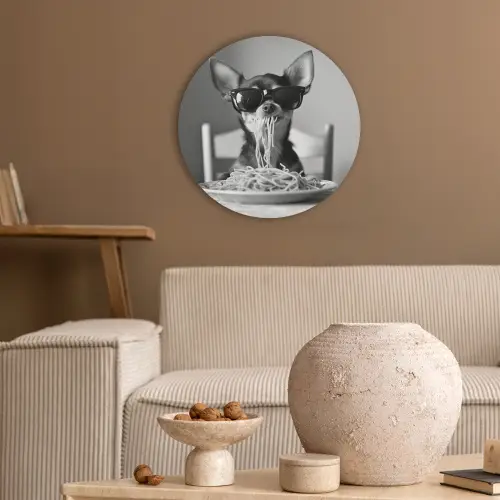 Chihuahua - Hond - Zonnebril - Humoristisch - Zwart - Wit - Spaghetti Akoestische PET Vilt - Rond klein -sfeer1