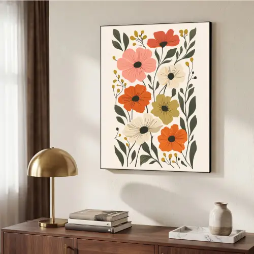 Veldbloemen - Stengels - Blaadjes - Groen Textielframe zwart klein -sfeer3