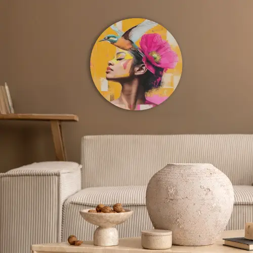 Vogel - Vrouw - Abstract - Bloem Akoestische PET Vilt - Rond klein -sfeer1