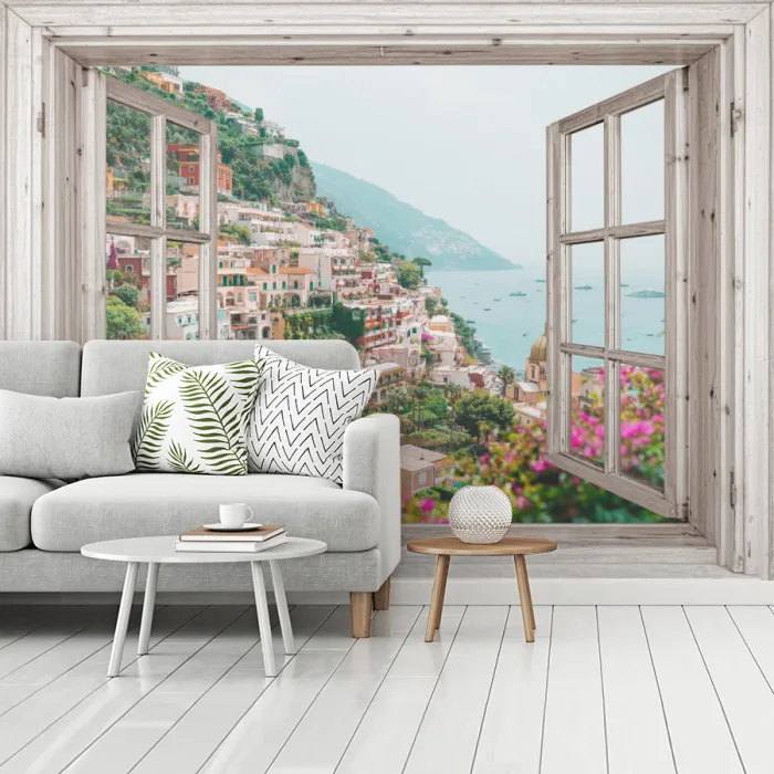 Doorkijk - Italië - Bloemen - Zee - Kust - Stad - Bergen fotobehang vinyl groot -woonkamer