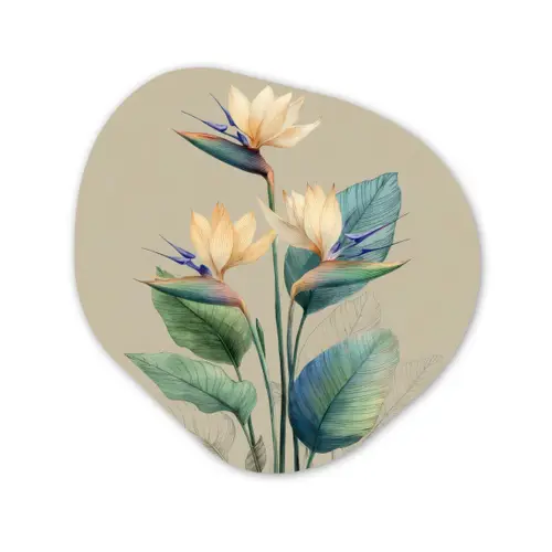Paradijsvogelbloemen - Blauwgroene bladeren - Beige Wandcirkel Organisch Forex 3mm klein -3d
