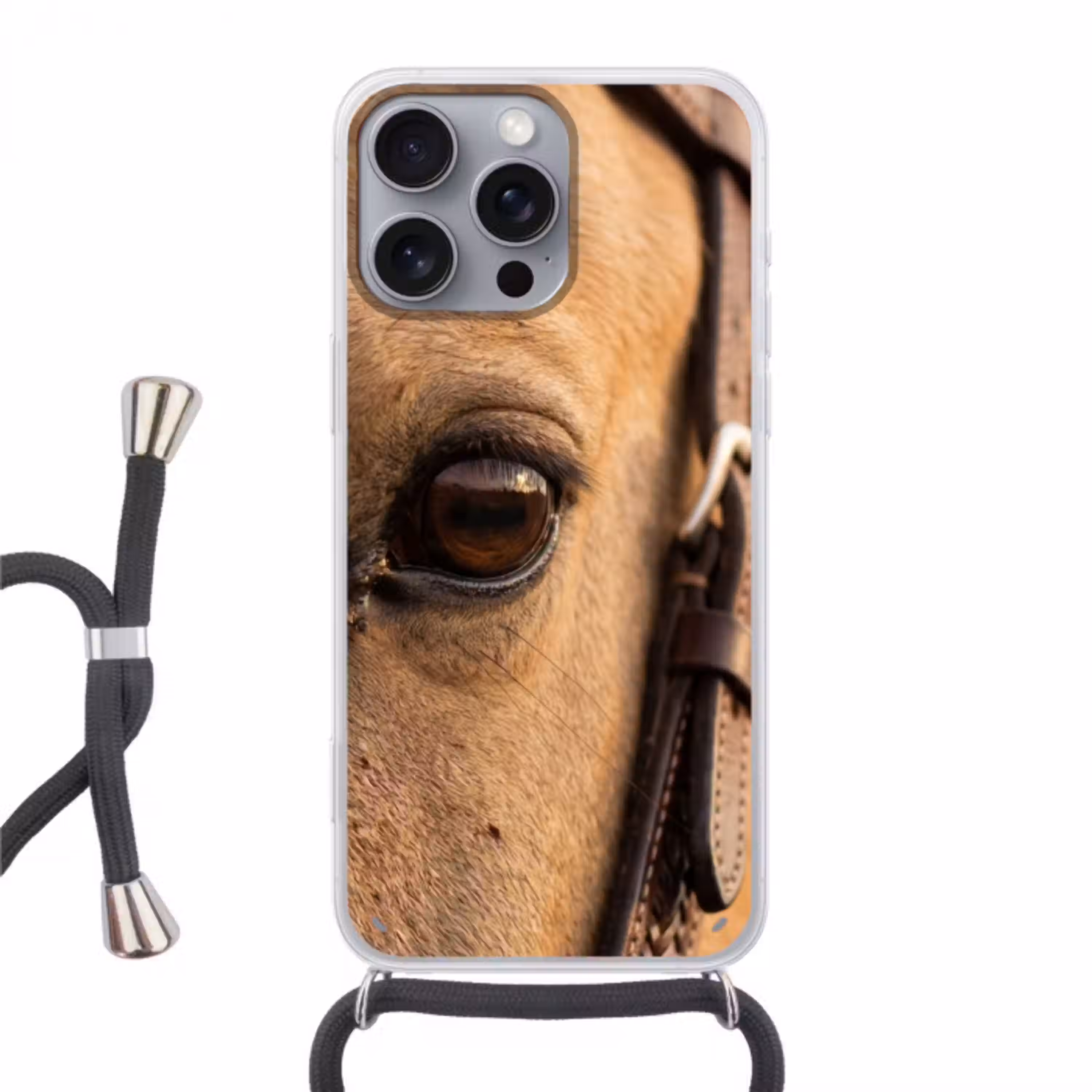 Paard - Oog - Bruin Hoesje iPhone 16 Pro Max met koord klein -3d