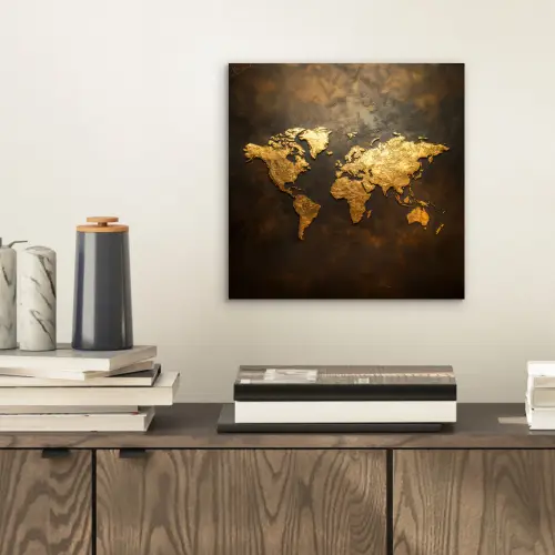 Wereldkaart - Goud - Roest aluminium wit klein -sfeer1