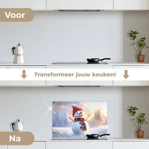 Sneeuwpop - Zonsondergang - Wit keuken achterwand spatscherm klein -voor_na_NL