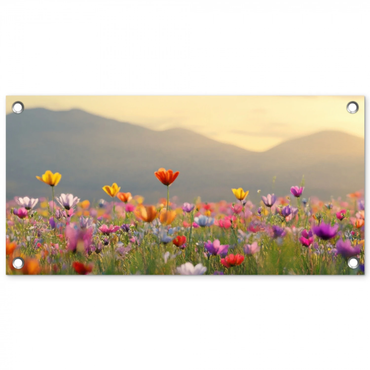 Bloemenveld - Bergen - Zonlicht - Bloemen tuinposter los doek klein -3d