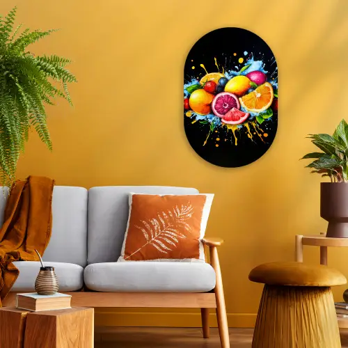 Fruit - Graffiti - Kleurrijk - Sinaasappel - Aardbei - Abstract Wandcirkel Ovaal Forex klein -sfeer4