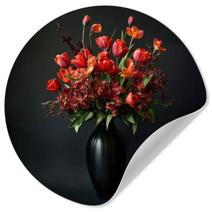 Boeket - Tulpen - Vaas - Rood Wandcirkel behangsticker klein -3d