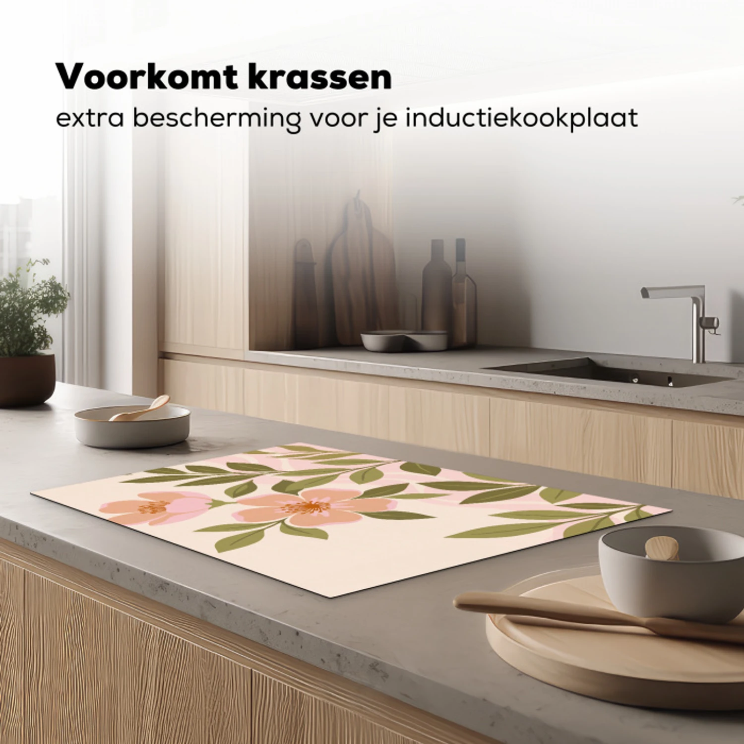 Grafisch - Bloemen - Roze Inductie beschermer vinyl 3mm klein -sfeer1