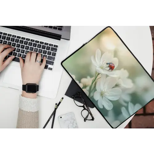 Lieveheersbeestje - Bloemen - Wit laptophoes neopreen klein -bureau