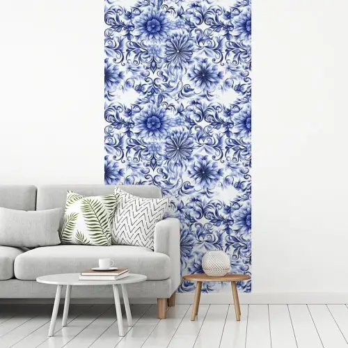Bloemen - Blauw - Patroon - Wit fotobehang vinyl groot 64 -woonkamer