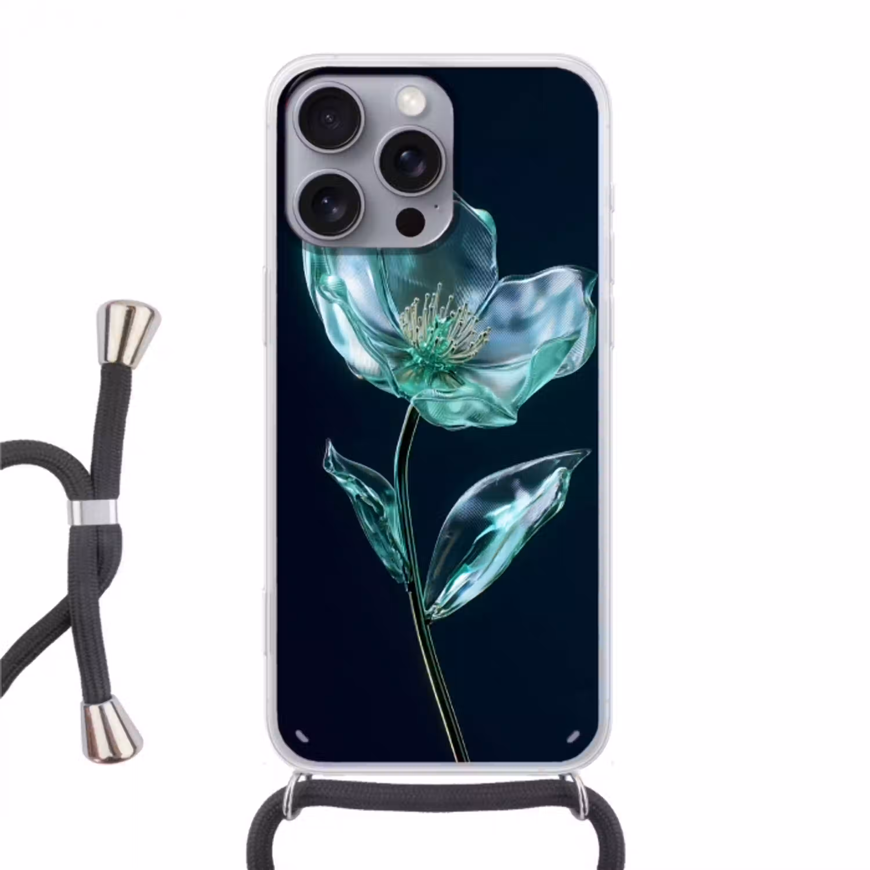 Bladeren - Bloem - Glazen - Donkerblauw Hoesje iPhone 16 Pro Max met koord klein -3d
