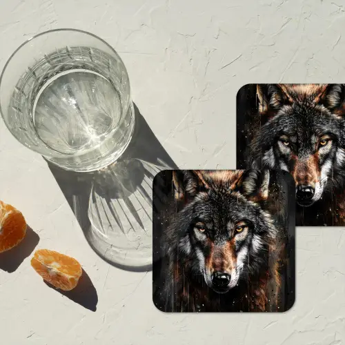 Dieren - Wolf - Portret - Zwart - Bruin onderzetter kurk middel -sfeer4