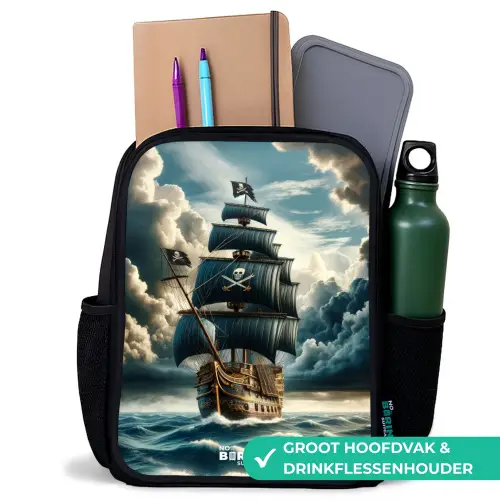 Piratenschip op een woeste zee Rugzak - Zwart middel -inhoud_NL