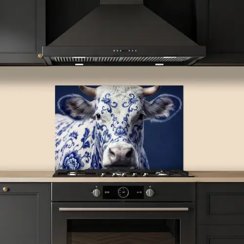 Koe - Delfts - Blauw - Artistiek keuken achterwand spatscherm klein -sfeer1