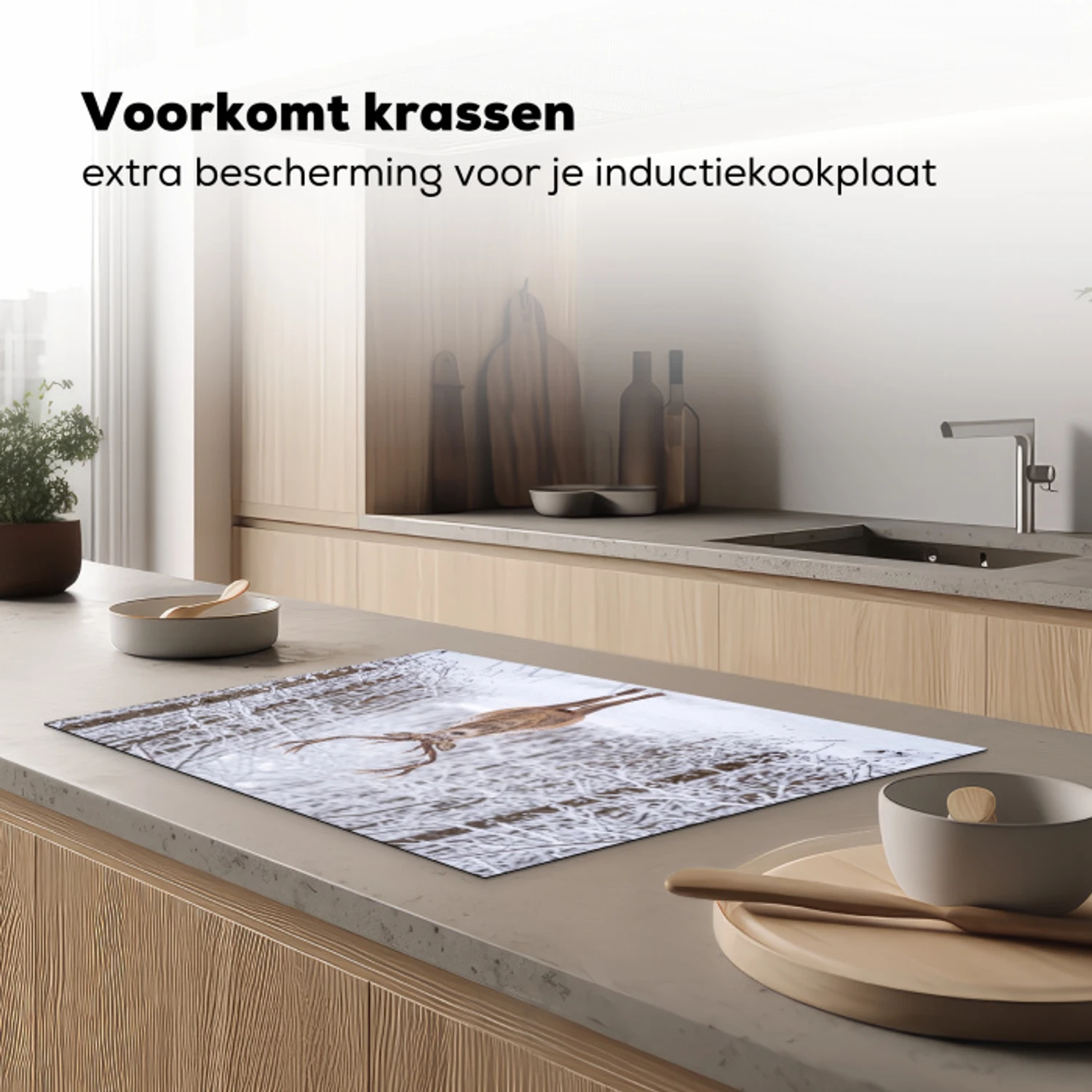 Hert - Winter - Bos - Natuur - Wit Inductie beschermer vinyl 3mm klein -sfeer1