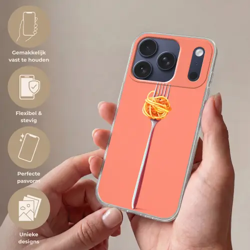 Vork - Spaghetti - Artistiek - Roze Telefoonhoesje iPhone 17 Pro klein -sfeer3_NL