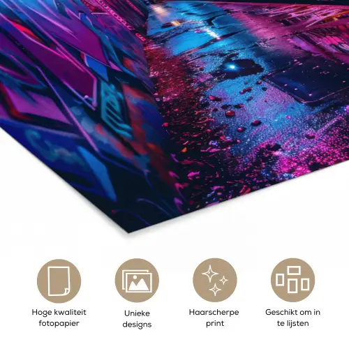Stad - Neon -  Nacht - Roze - Graffiti poster papier klein -closeup_NL
