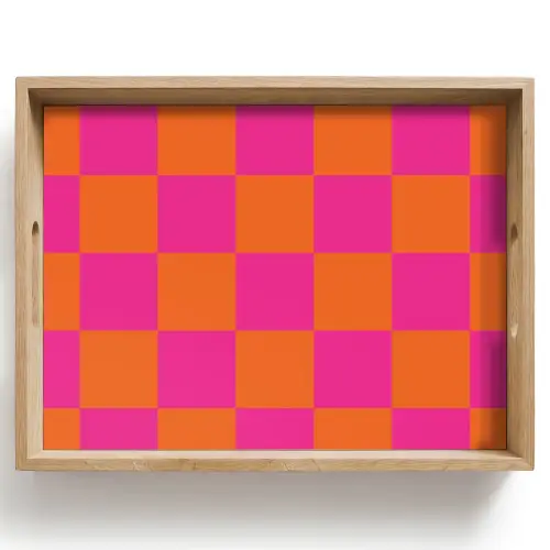 Schaakbord print - Oranje - Roze - Blokjes Dienblad Rechthoek middel -z3d_shopping