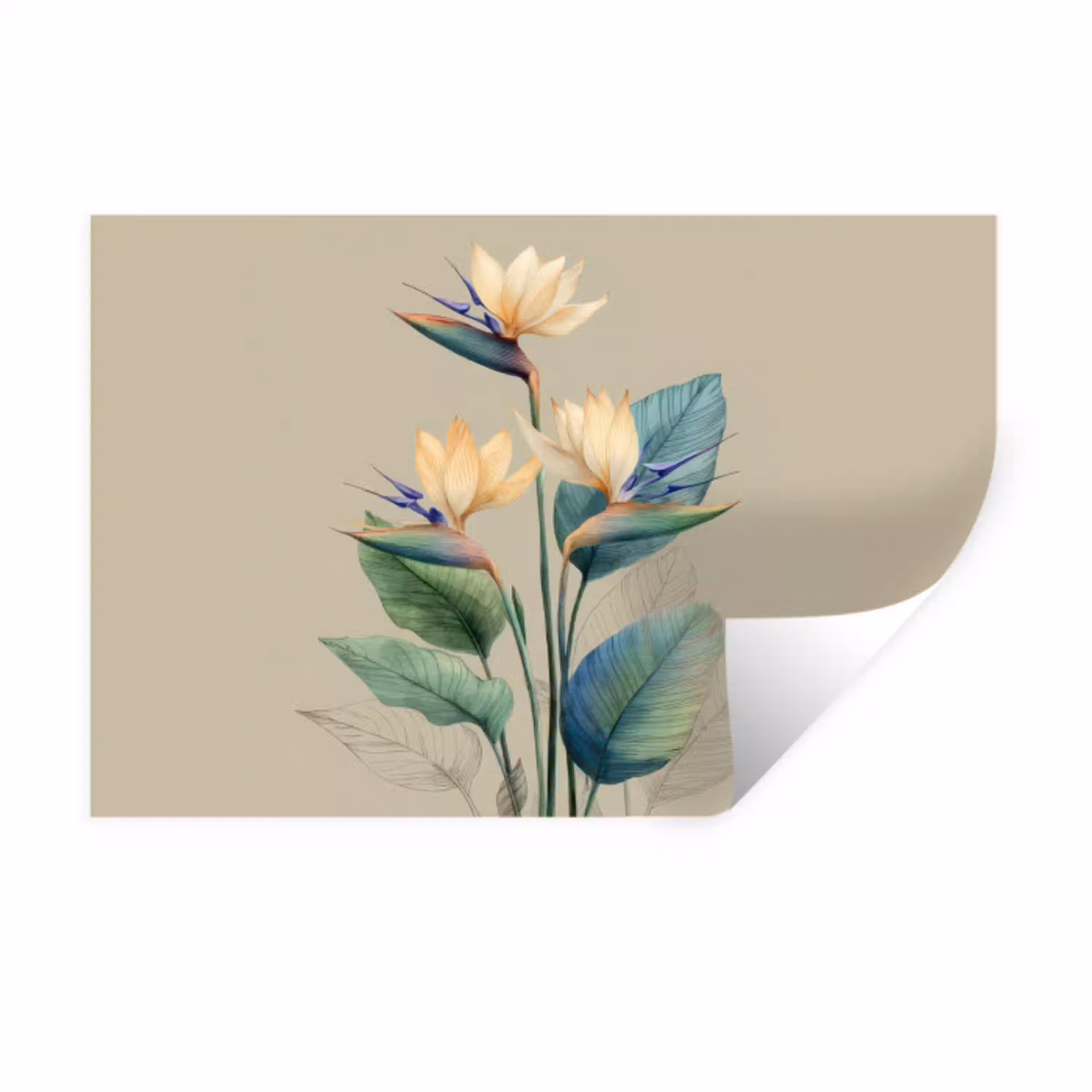 Paradijsvogelbloemen - Blauwgroene bladeren - Beige Muursticker klein -3d