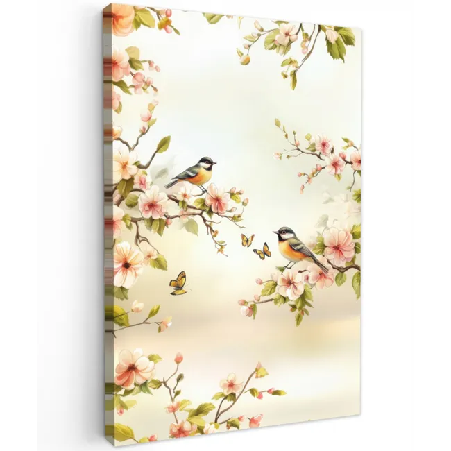 Takken - Bloemen - Vogeltjes - Roze Tuinposter op houten frame 2 cm dik klein -3d