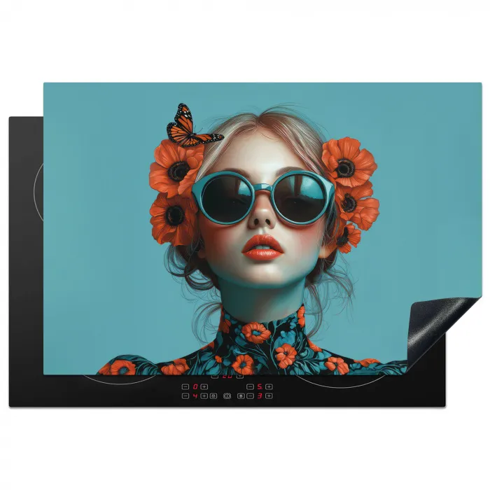 Vrouw - Blauw - Vlinder - Bloemen - Aesthetic Inductie beschermer vinyl 3mm klein -3d